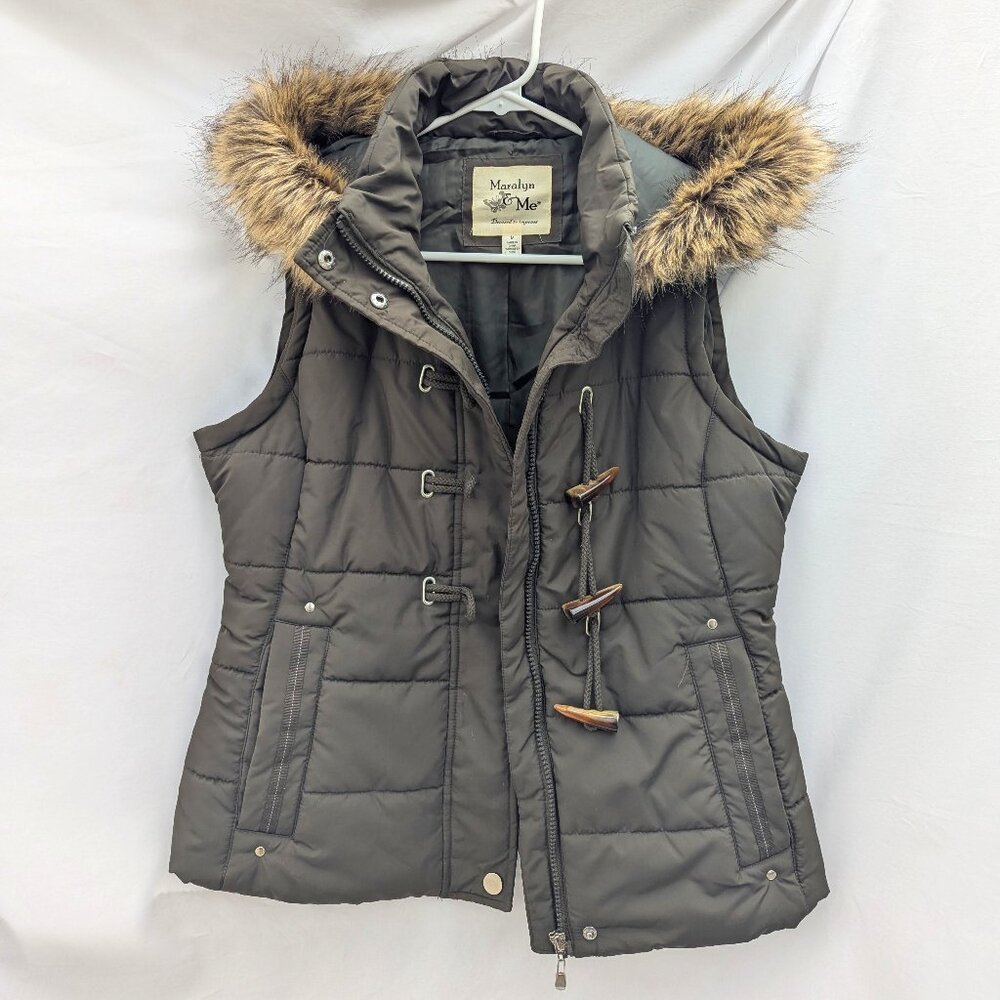 Maralyn & Me Army Green Puffer Vest with Faux Fur Hood